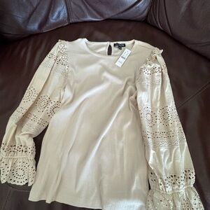 J. Crew Beige Lace Sleeve Blouse